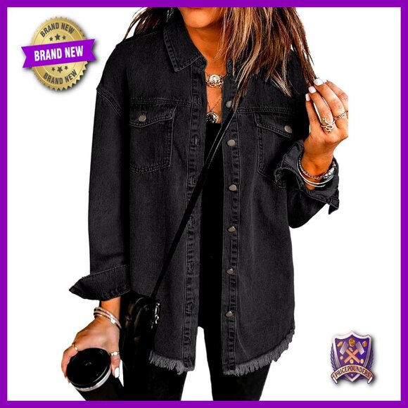 Oversized Denim Shacket Button Up Frayed Hem Long Sleeve Pockets Relaxed Fit